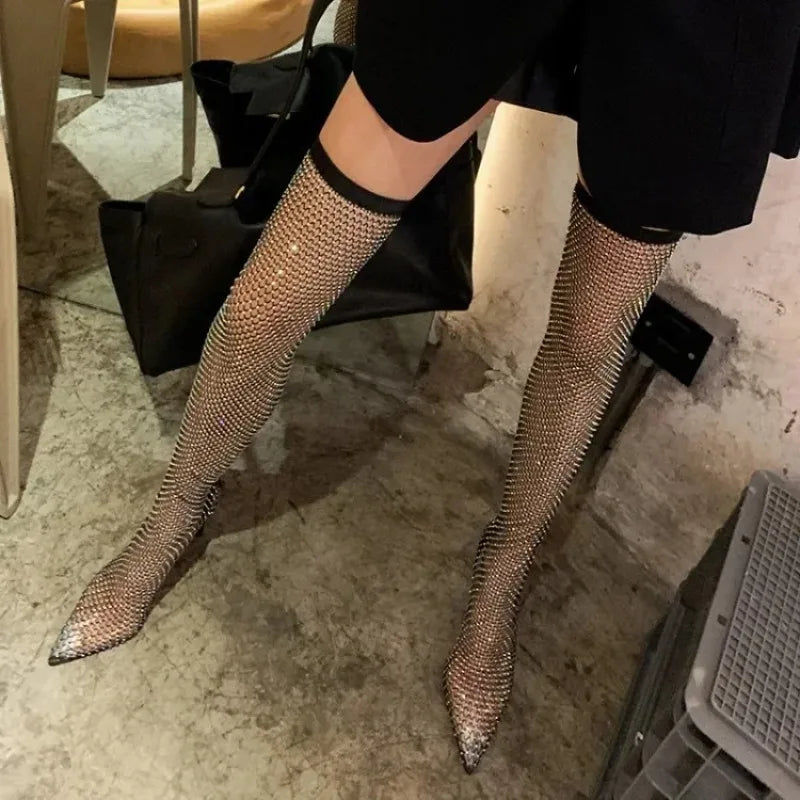 Rhinestone Pointed Toe Thigh High Mesh Sock Shoes