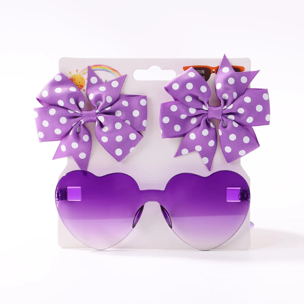 3 Piece Set - Polka Dot Hair Bows With Heart Shaped Sun Glasses