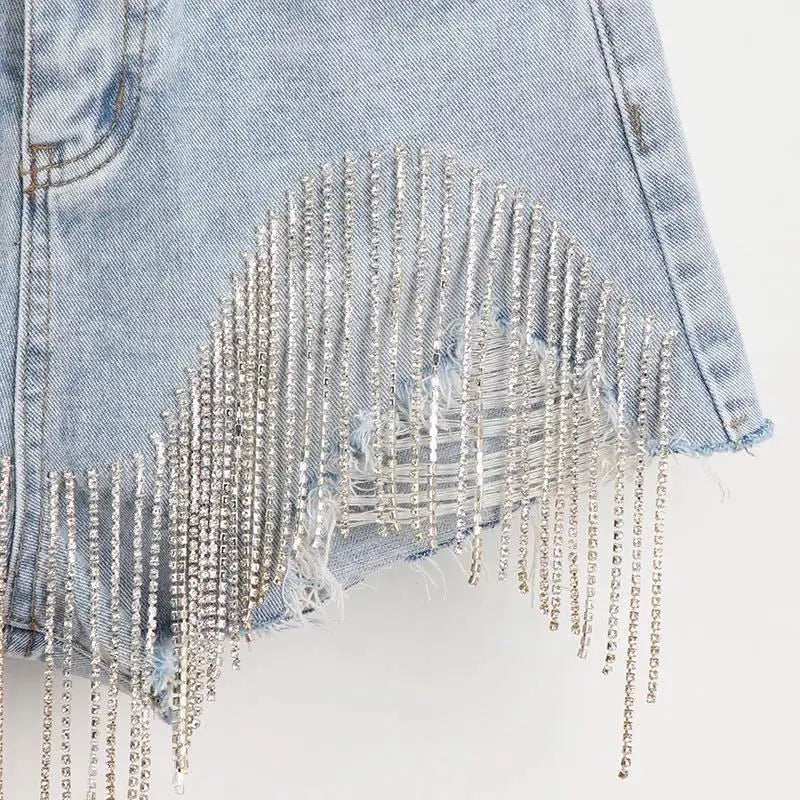 High Waist Diamond Tassel Denim Shorts Shorts