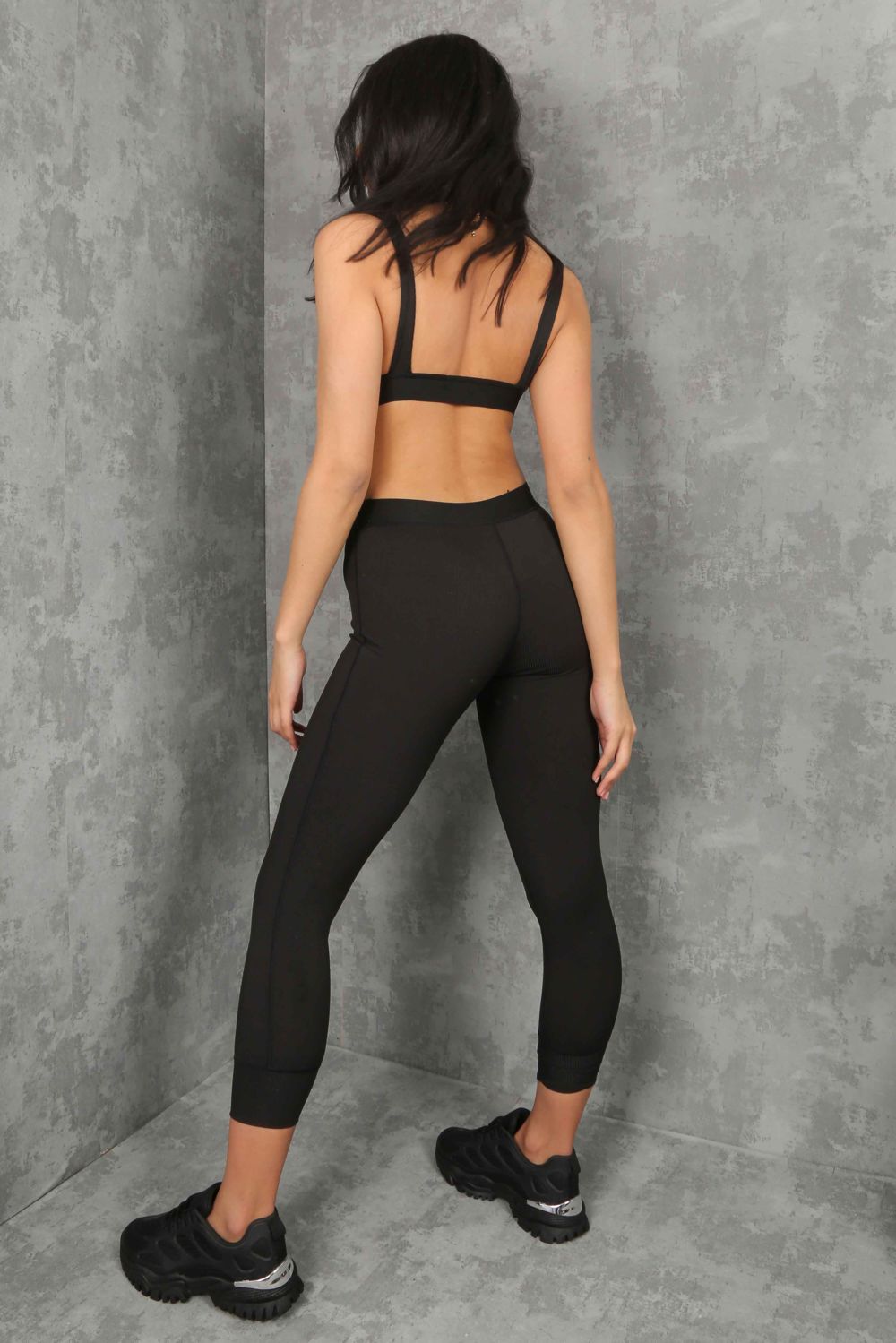 Black Ribbed Plunge Bralette&Legging Gym Set