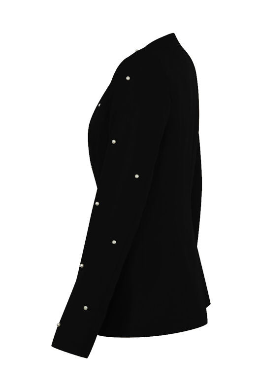 Pearls Trim Lapel-Less Black Blazer