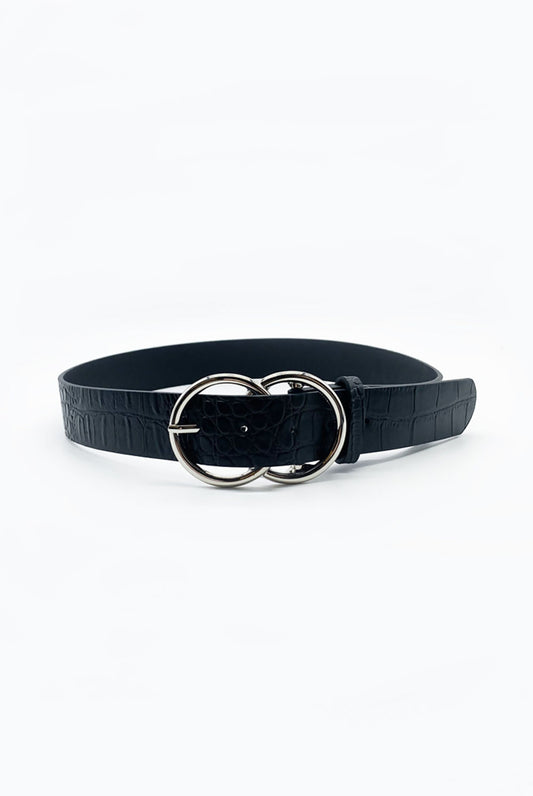 Black Double O Buckle Faux Leather Belt