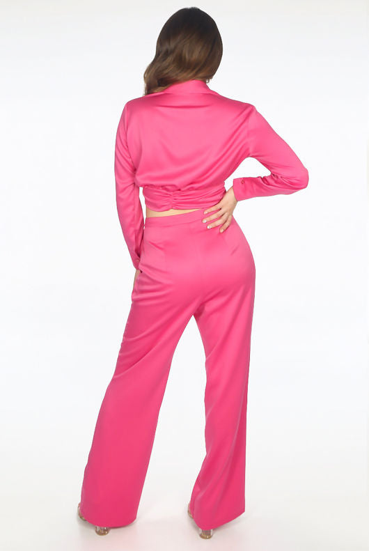 Satin Cropped Blouse and Trouser Set In Fuchsia