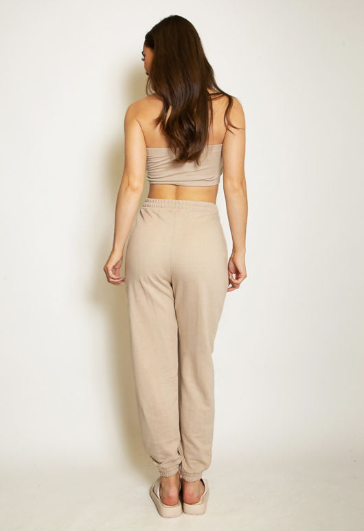 Beige Cropped Bandeau Top And Joggers Set