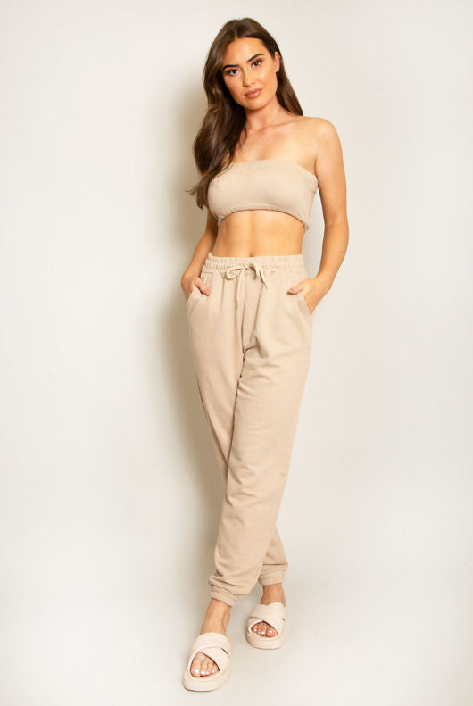 Beige Cropped Bandeau Top And Joggers Set