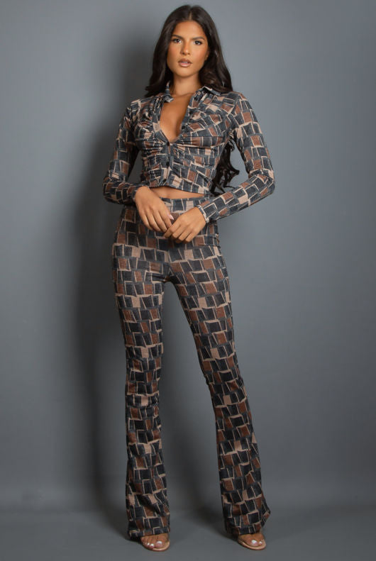 Teal Geo Print Lurex Shirt & Trouser Set