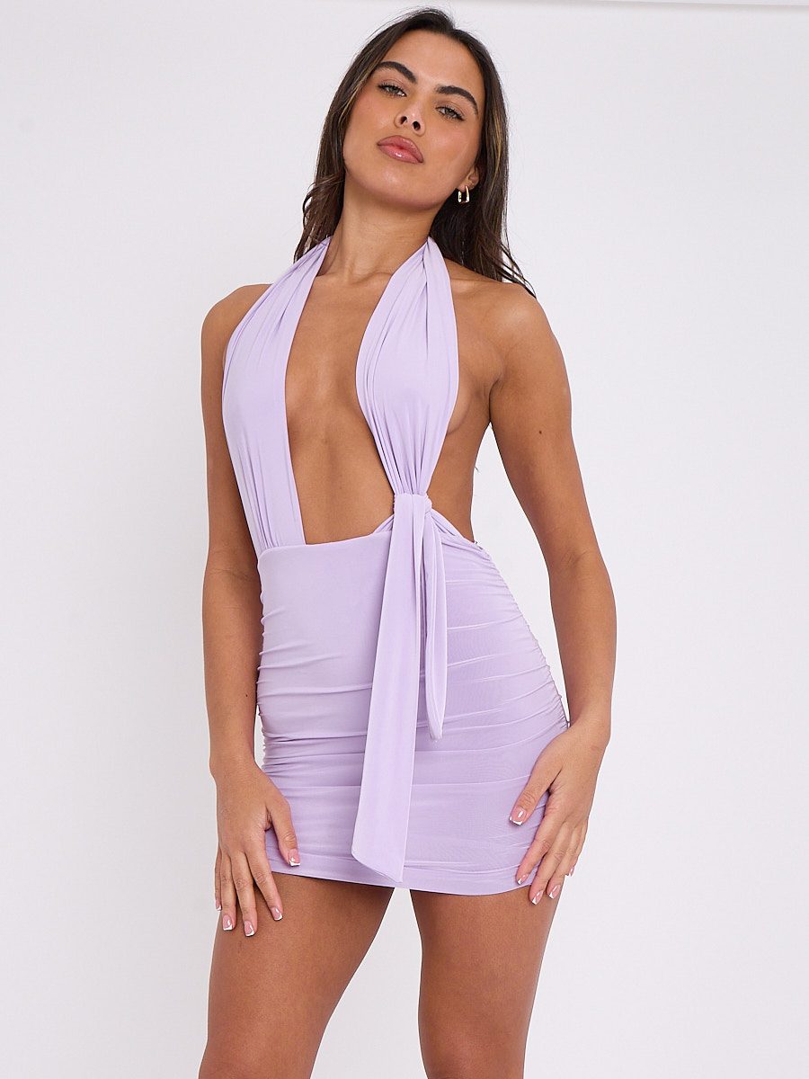 Slinky Halter Neck Ruched Dress With Tie Knot Drape Detail