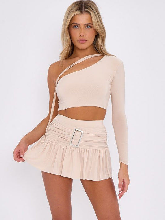 One Shoulder Crop Top & Skort With Buckle Detail Co-ord