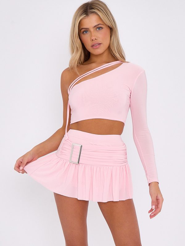 One Shoulder Crop Top & Skort With Buckle Detail Co-ord