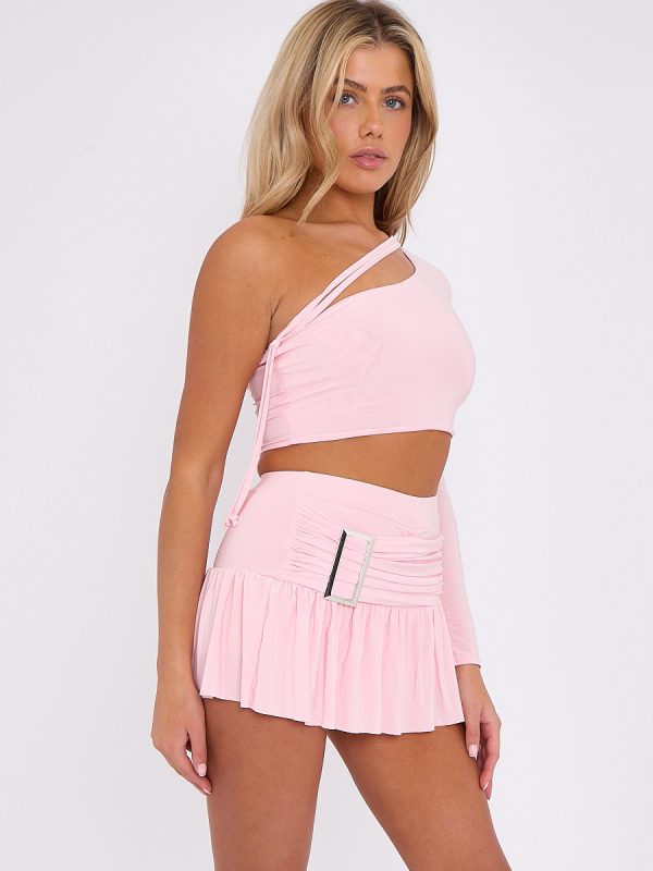 One Shoulder Crop Top & Skort With Buckle Detail Co-ord