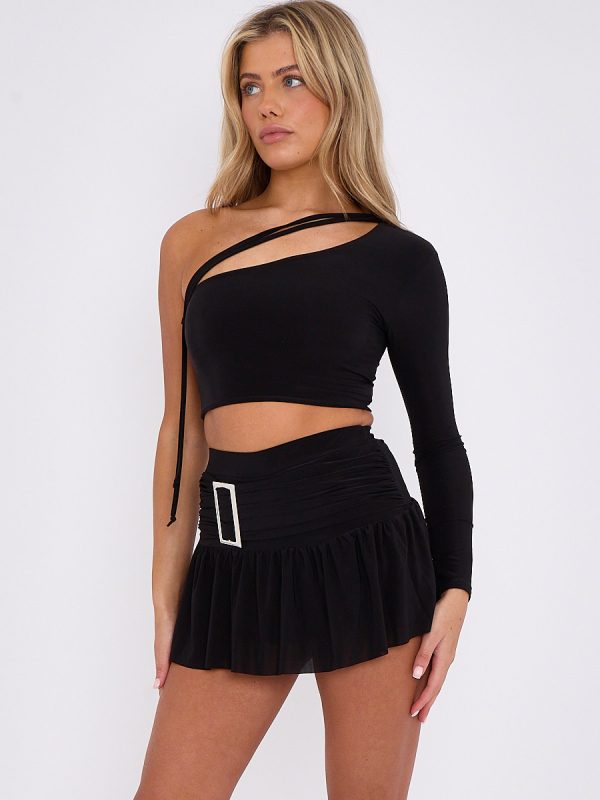 One Shoulder Crop Top & Skort With Buckle Detail Co-ord