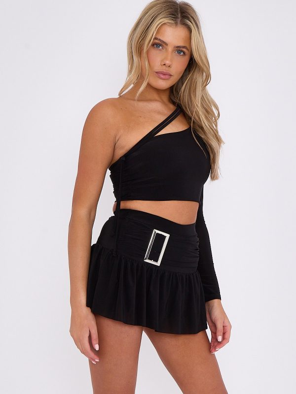 One Shoulder Crop Top & Skort With Buckle Detail Co-ord