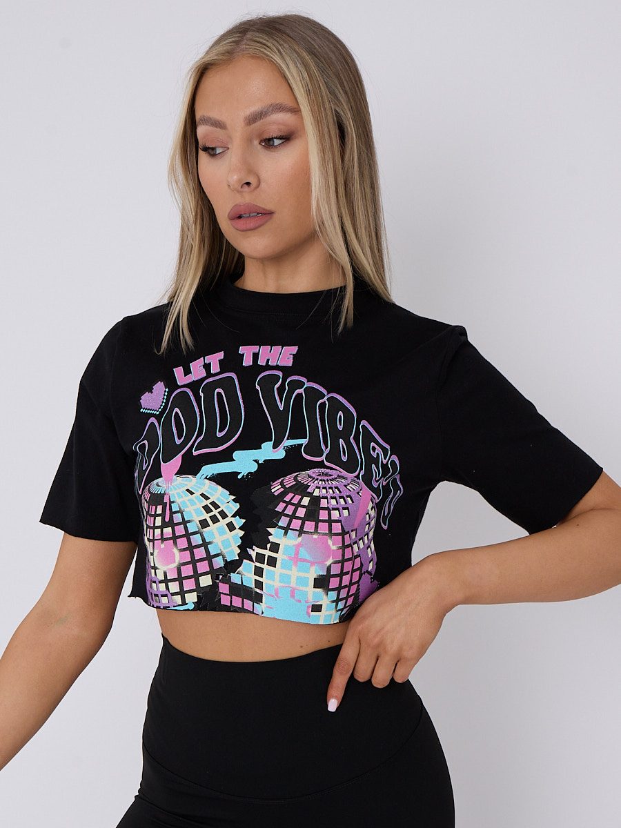 Disco Ball "Good Vibes" Graphic Printed Crop Top