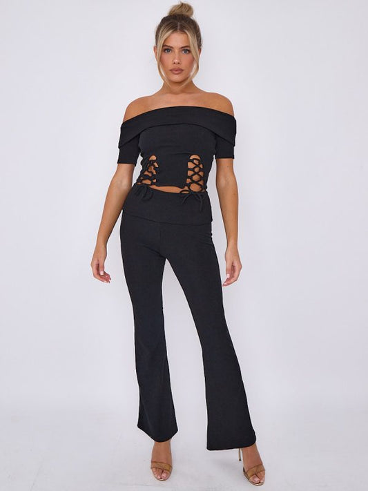 Lace Up Ribbed Bardot Top & Fold Over Flared Trouser Co-ord