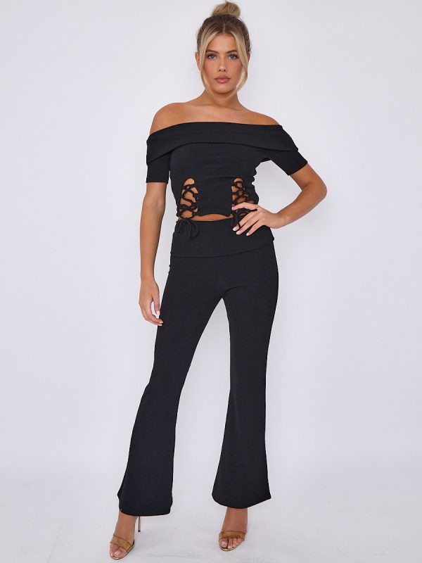 Lace Up Ribbed Bardot Top & Fold Over Flared Trouser Co-ord