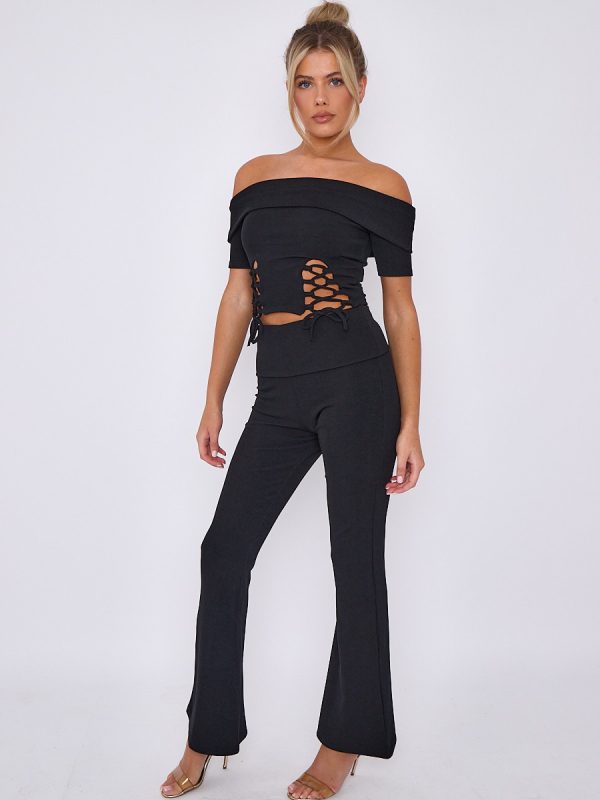 Lace Up Ribbed Bardot Top & Fold Over Flared Trouser Co-ord