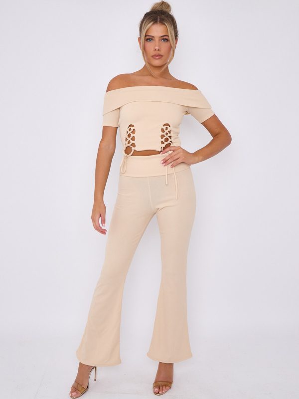 Lace Up Ribbed Bardot Top & Fold Over Flared Trouser Co-ord