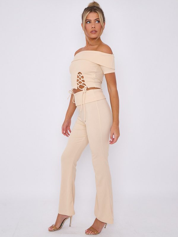 Lace Up Ribbed Bardot Top & Fold Over Flared Trouser Co-ord