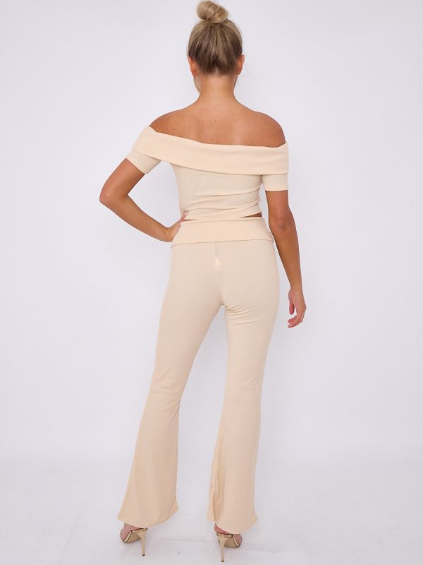 Lace Up Ribbed Bardot Top & Fold Over Flared Trouser Co-ord