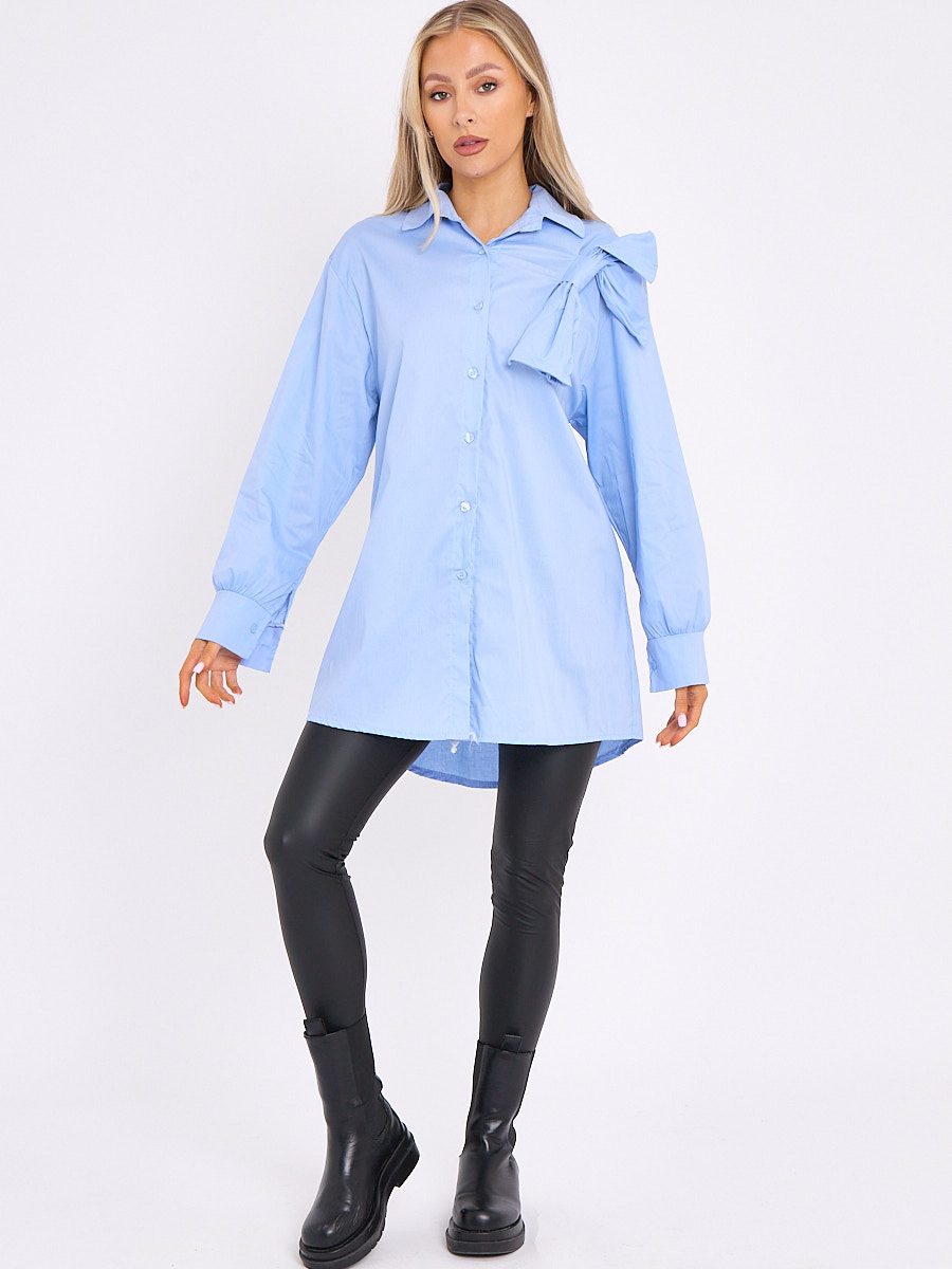 Bow Detail Oversized Buttoned Mini Shirt Dress