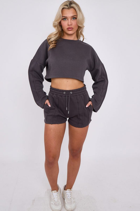 Seam Detail Oversized Crop Top & Shorts Fleece Co-ord