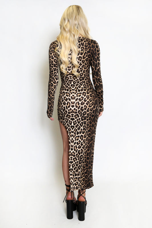 Leopard Print Side Slit Midi Dress