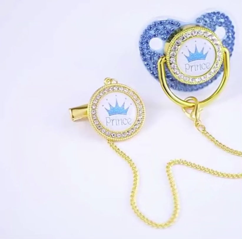 Luxury Rhinestone Crown Pacifier Clip Chain Baby Set