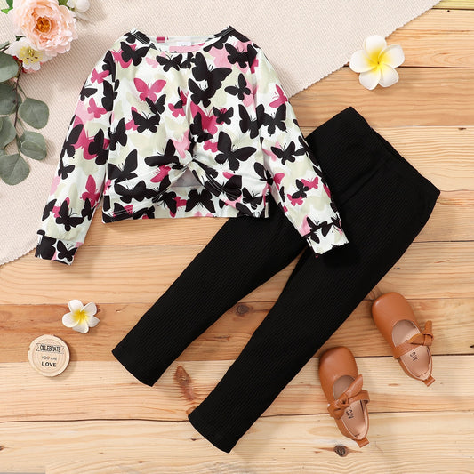 Butterfly Print Long Sleeved Top And Black Leggings Two Piece Set