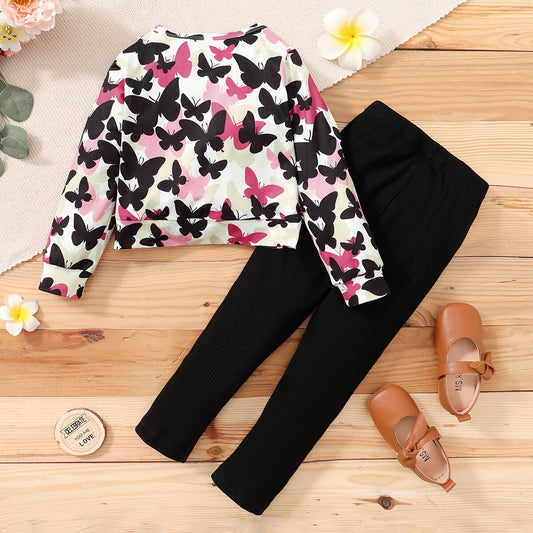 Butterfly Print Long Sleeved Top And Black Leggings Two Piece Set