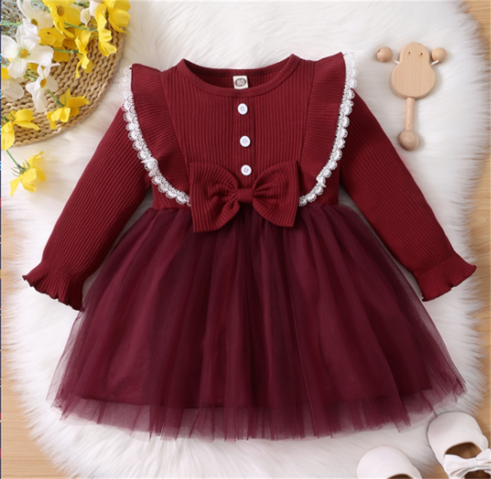 Red Ruffle Long Sleeve Tutu Lace Dress