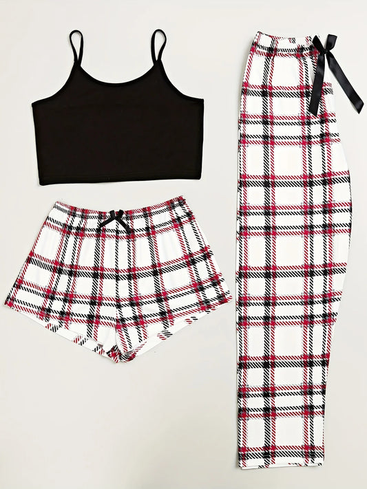 Cute Three Piece Plaid Print Pyjama Set