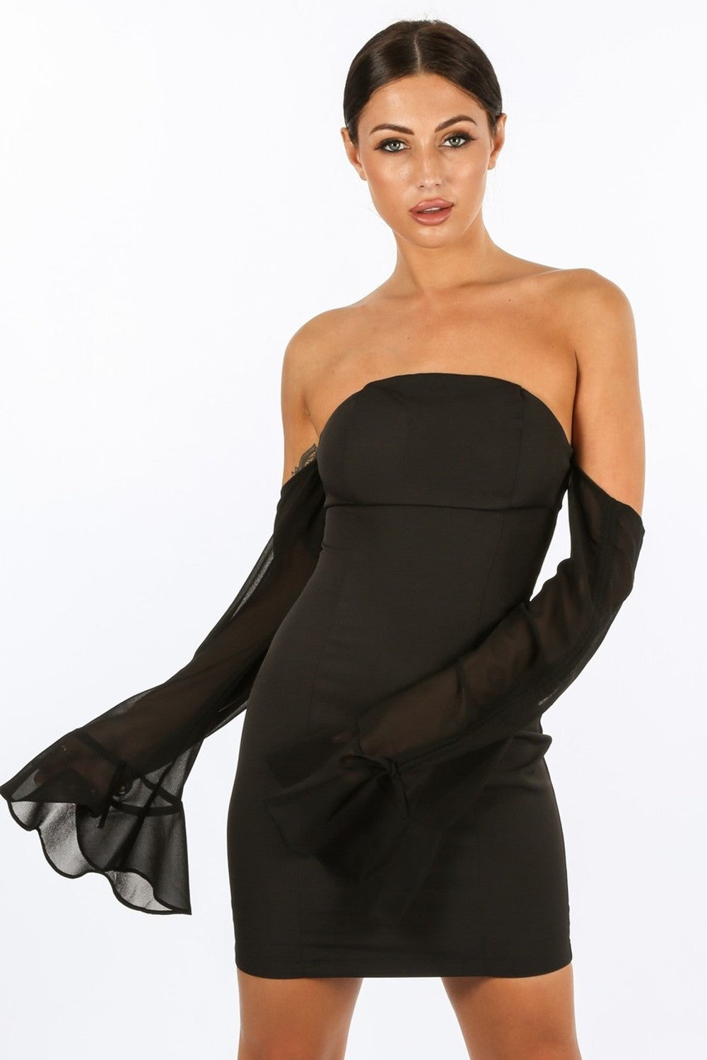 Black Mini Bandeau Dress With Chiffon Sleeve