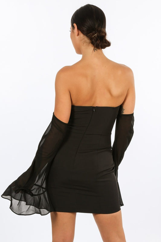 Black Mini Bandeau Dress With Chiffon Sleeve