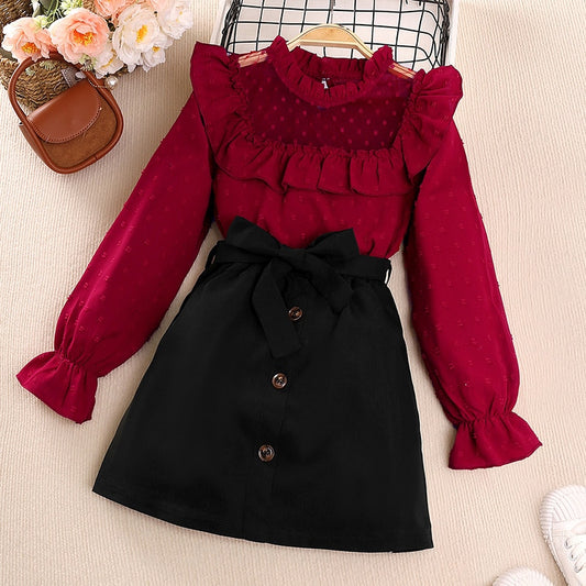 Girls Red Blouse With Black Buttoned Skirt Two Piece Set