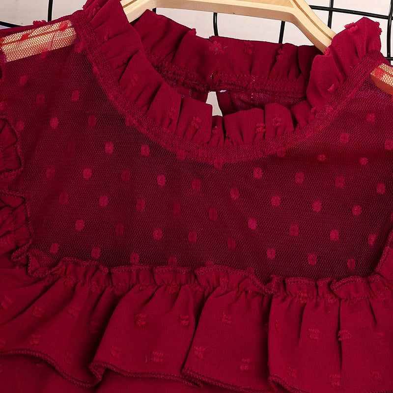 Girls Red Blouse With Black Buttoned Skirt Two Piece Set