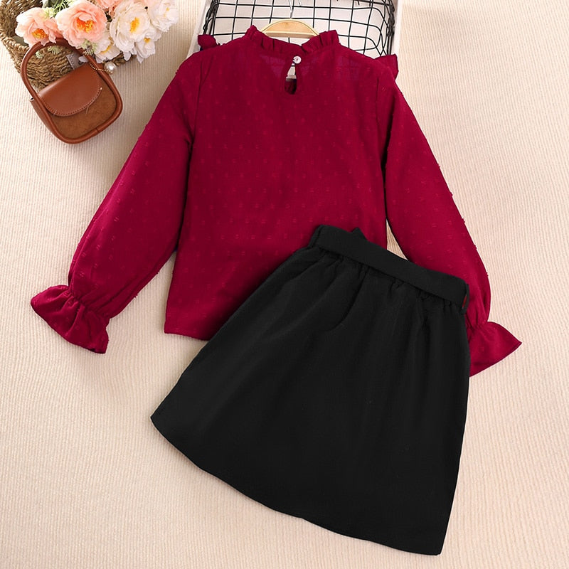 Girls Red Blouse With Black Buttoned Skirt Two Piece Set