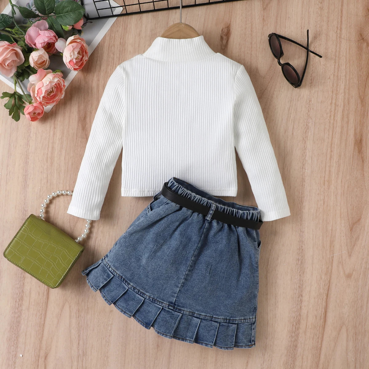 Girls Ribbed High Neck Long Sleeved Top With Denim Pleated Skirt And Belt