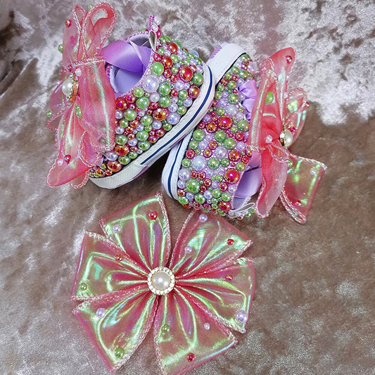 Handmade Bow Pearl Rhinestones Baby Girls Princess Shoes With Headband