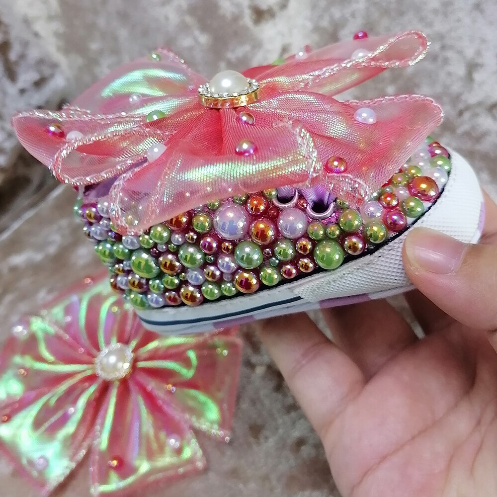 Handmade Bow Pearl Rhinestones Baby Girls Princess Shoes With Headband