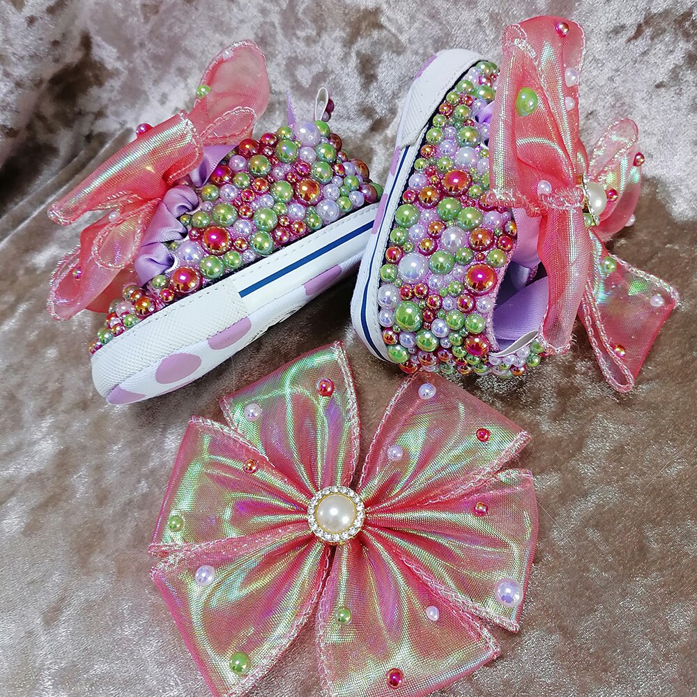 Handmade Bow Pearl Rhinestones Baby Girls Princess Shoes With Headband