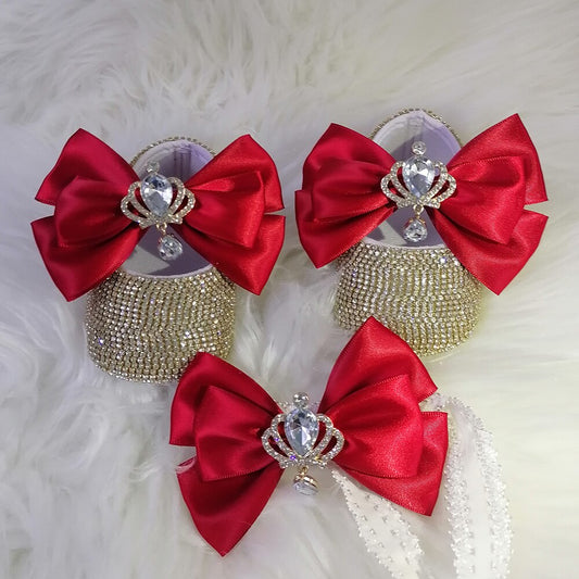 Handmade Big Bow Rhinestone Covered Princess Shoes With Matching Headband