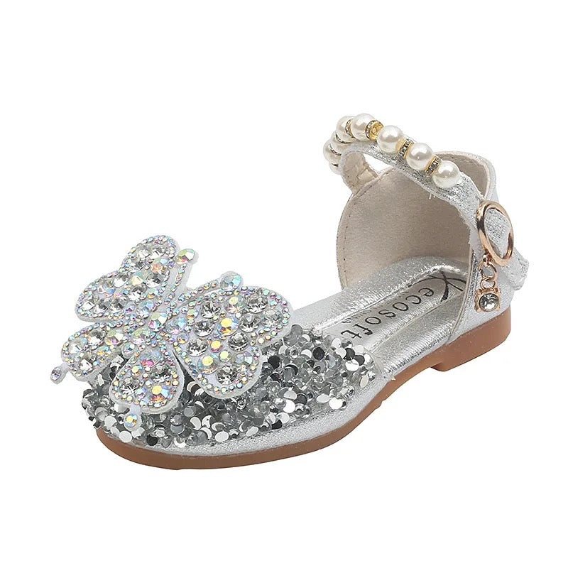 Sequenced Leather Glittery Shoes With A Butterfly And Pearls.