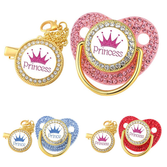 Luxury Rhinestone Crown Pacifier Clip Chain Baby Set