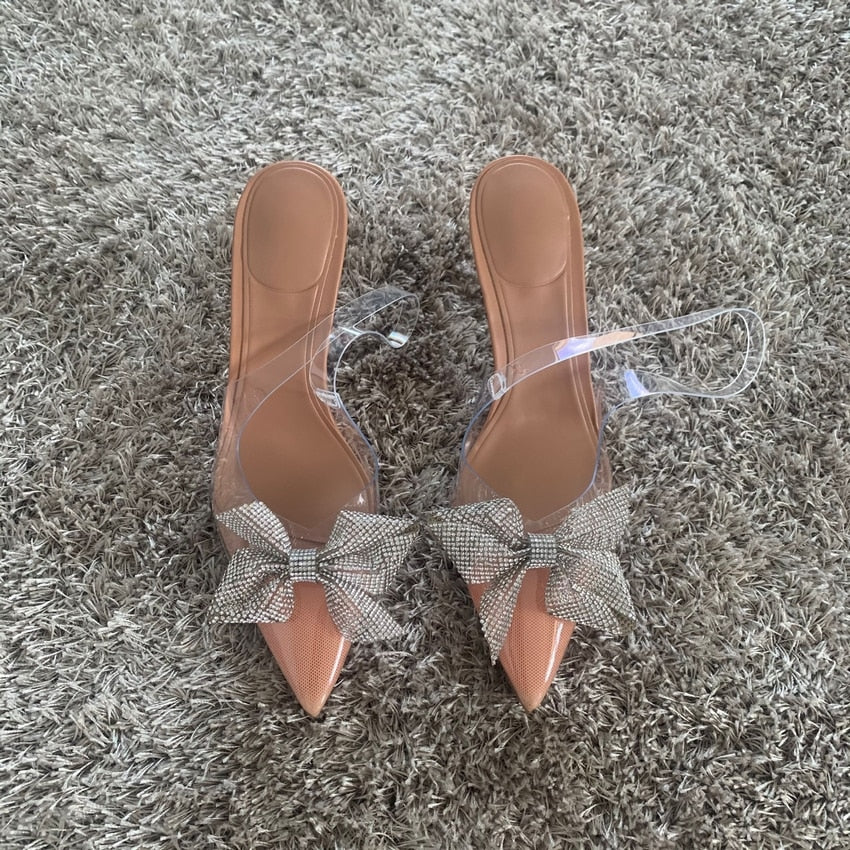 Transparent Bow Rhinestone Pointed Toe Heels