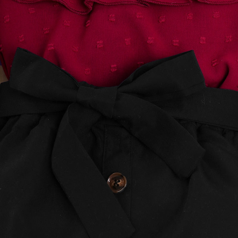 Girls Red Blouse With Black Buttoned Skirt Two Piece Set