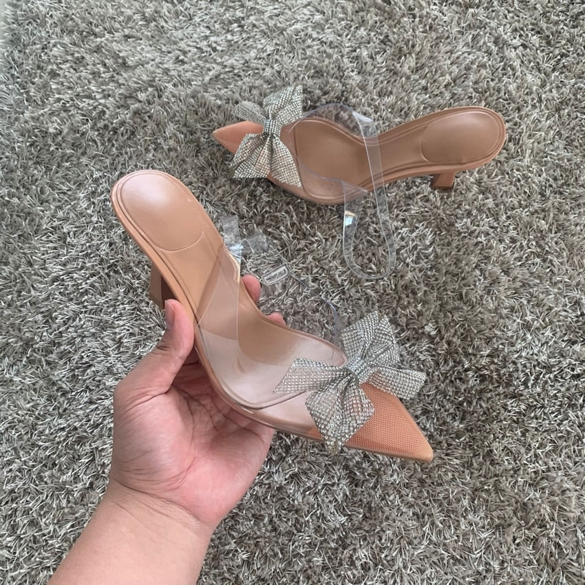 Transparent Bow Rhinestone Pointed Toe Heels