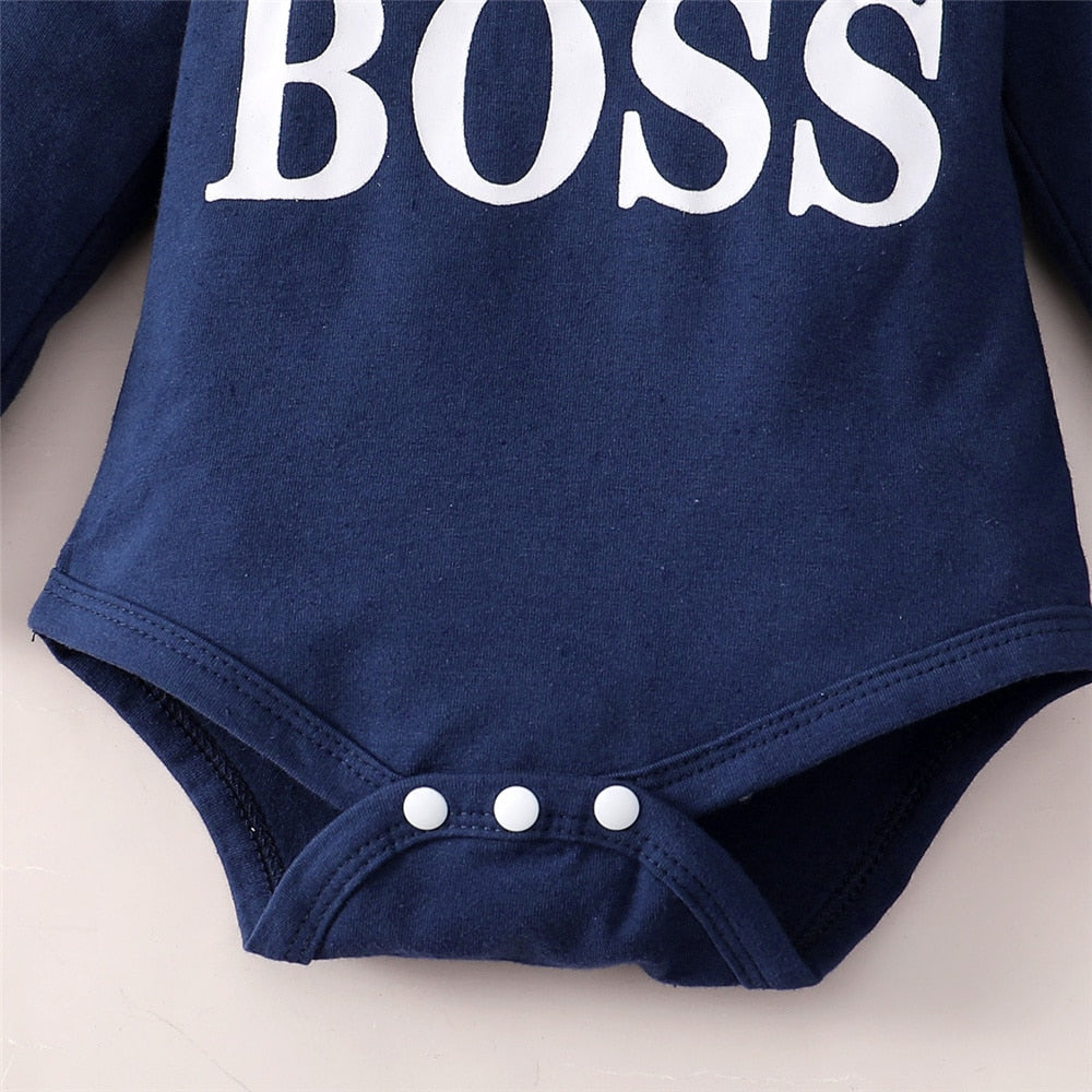 Two Piece "Mini Boss" Slogan Hooded Romper And Pants