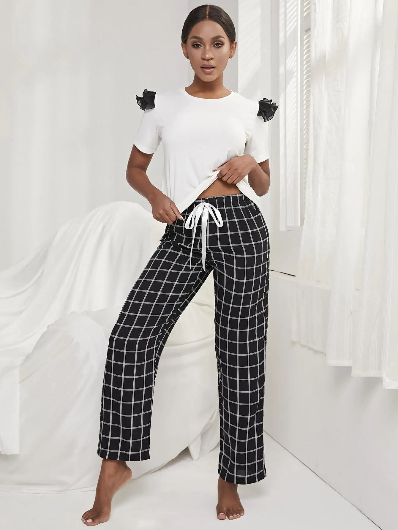 Short Sleeved Black Checked Pyjama Set