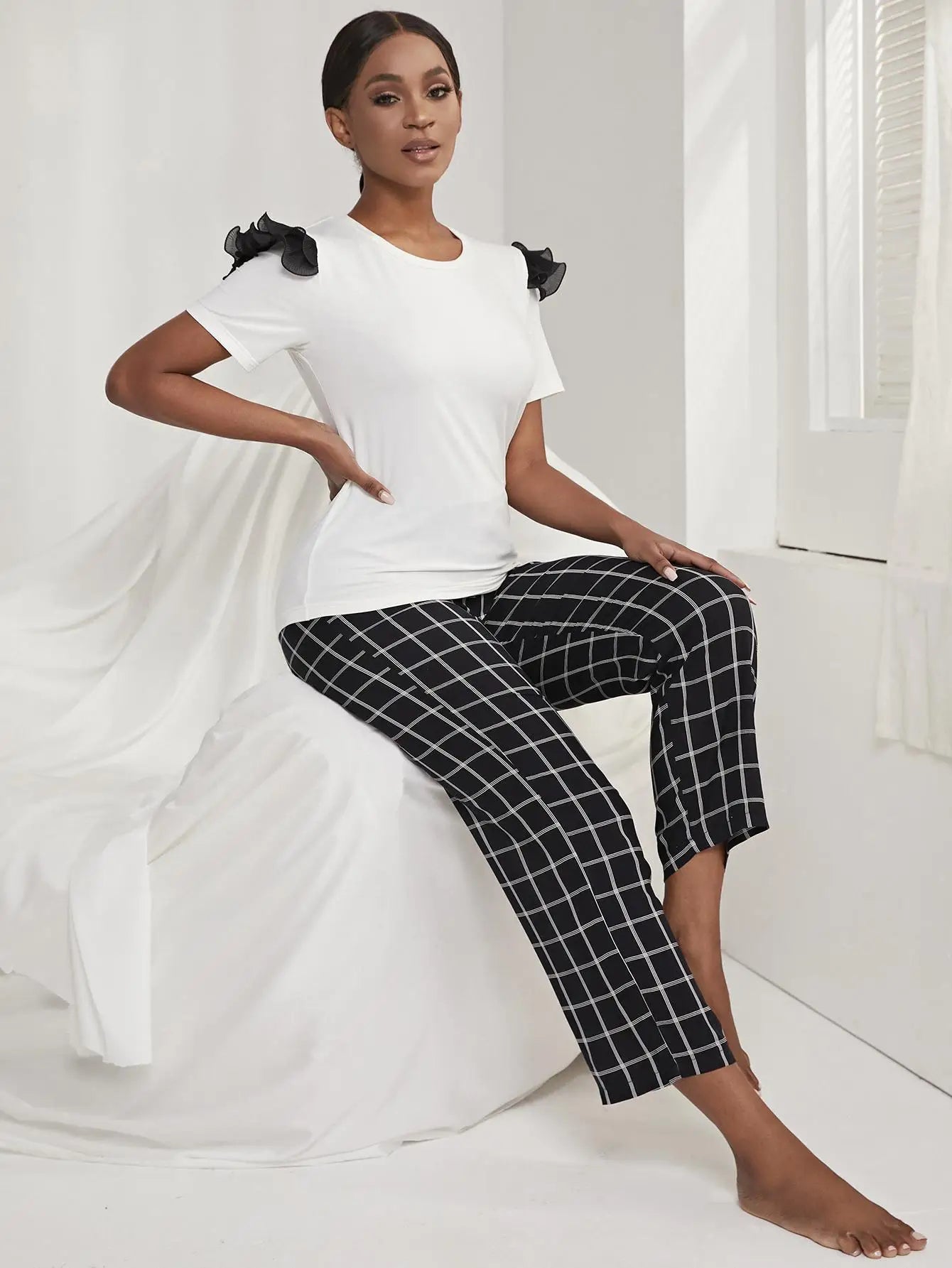 Short Sleeved Black Checked Pyjama Set