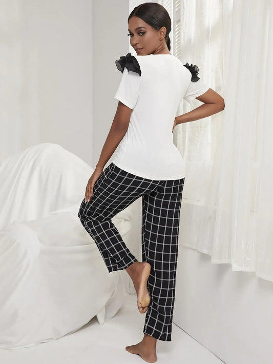 Short Sleeved Black Checked Pyjama Set